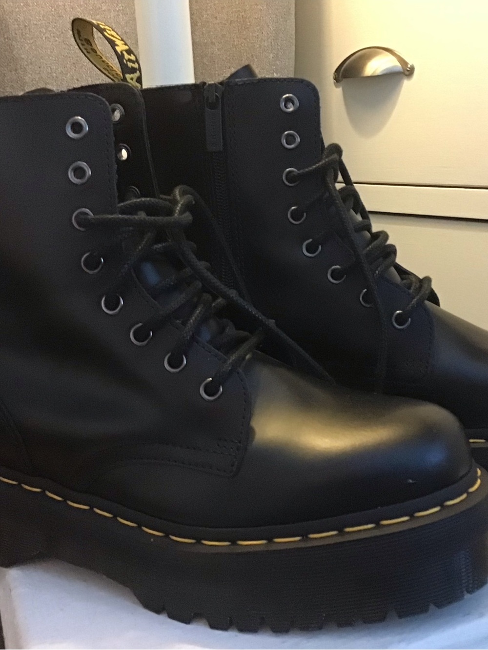 Dr. Martens Jadon Black Platform Lace-Up Combat Boots with Yellow Stitching